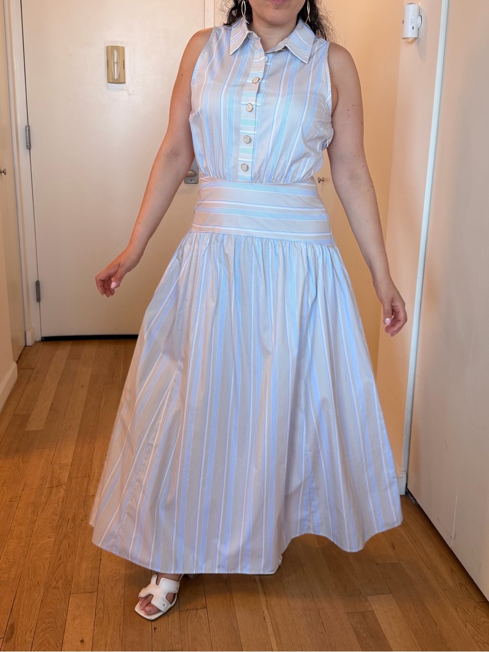 $299 Parker Striped Sleeveless Dropped Waist Button-Up Sun Dress M